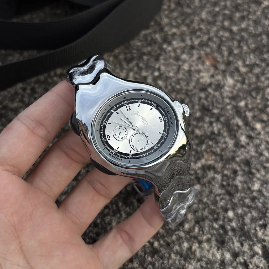 Alien Retro Twisted Case Y2k Quartz Watch Mens Silver Dial Oval Ellipse Special Fashion Unique Design Steel Men Watch AAA Clock