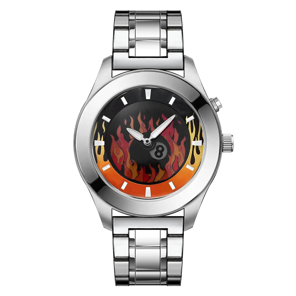 Men's Quartz Watch with Dynamic Animated Flame Display Millennium Retro Creative Futuristic Wristwatch with Stainless Steel Band