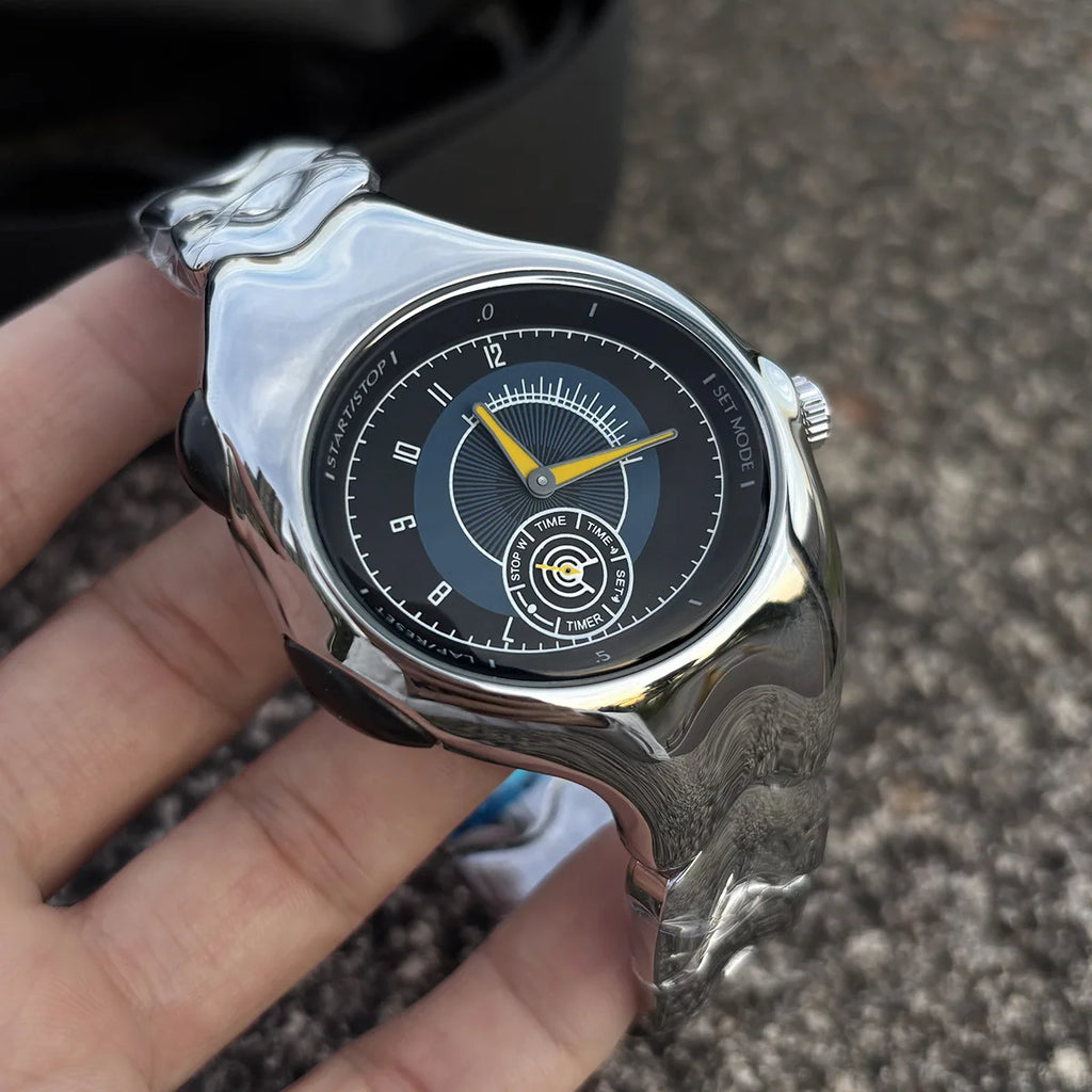 Alien Retro Twisted Case Y2k Quartz Watch Mens Silver Dial Oval Ellipse Special Fashion Unique Design Steel Men Watch AAA Clock