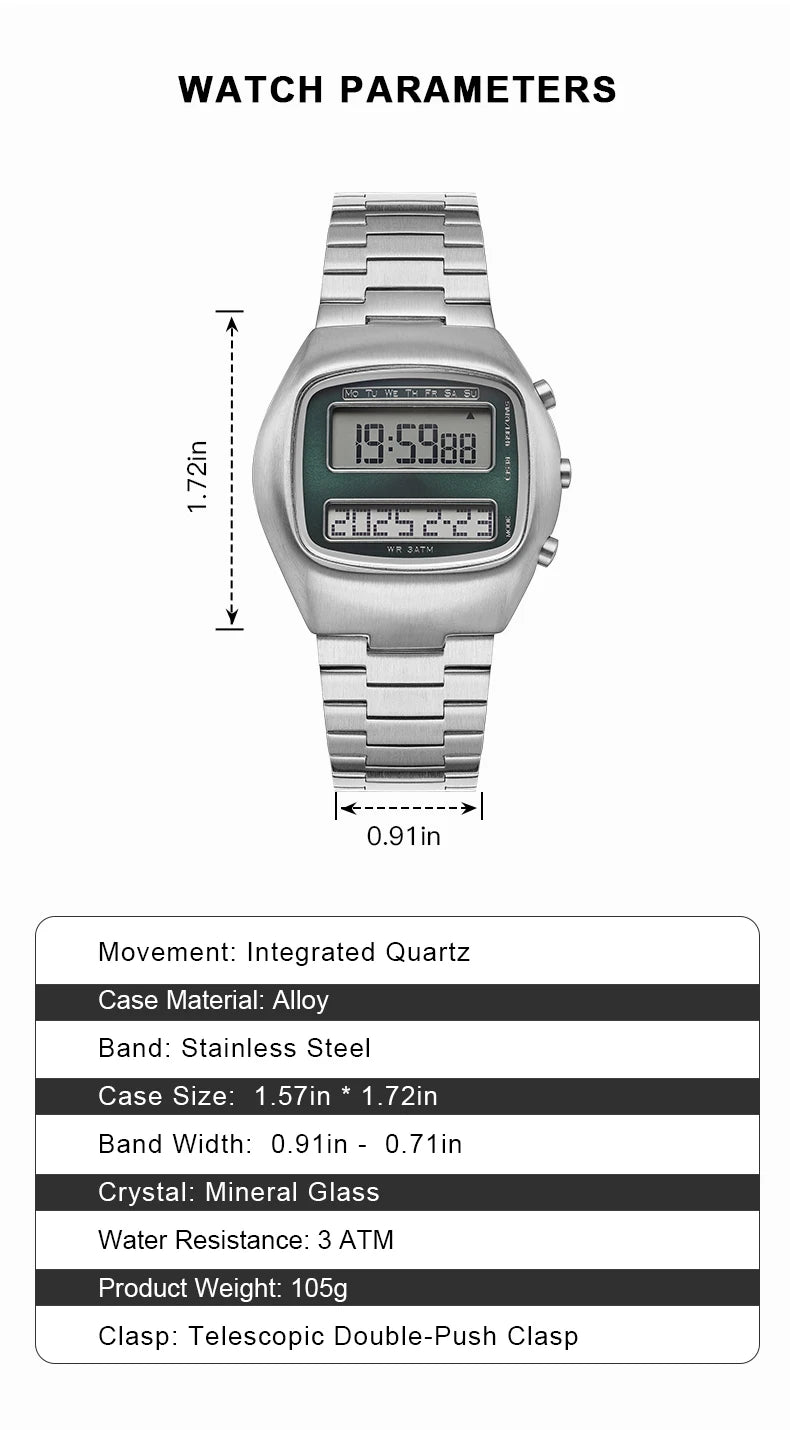 Dual-Display Retro Digital Men's Watch with Backlight Year Month Date Week Display Stainless Steel Strap Unisex Wristwatch
