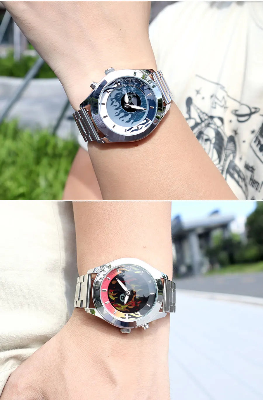 Men's Quartz Watch with Dynamic Animated Flame Display Millennium Retro Creative Futuristic Wristwatch with Stainless Steel Band