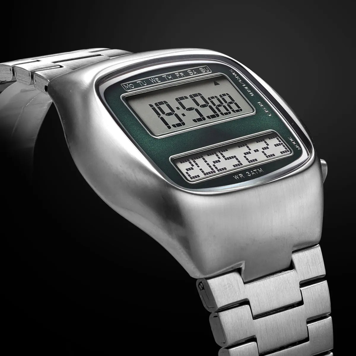 Dual-Display Retro Digital Men's Watch with Backlight Year Month Date Week Display Stainless Steel Strap Unisex Wristwatch