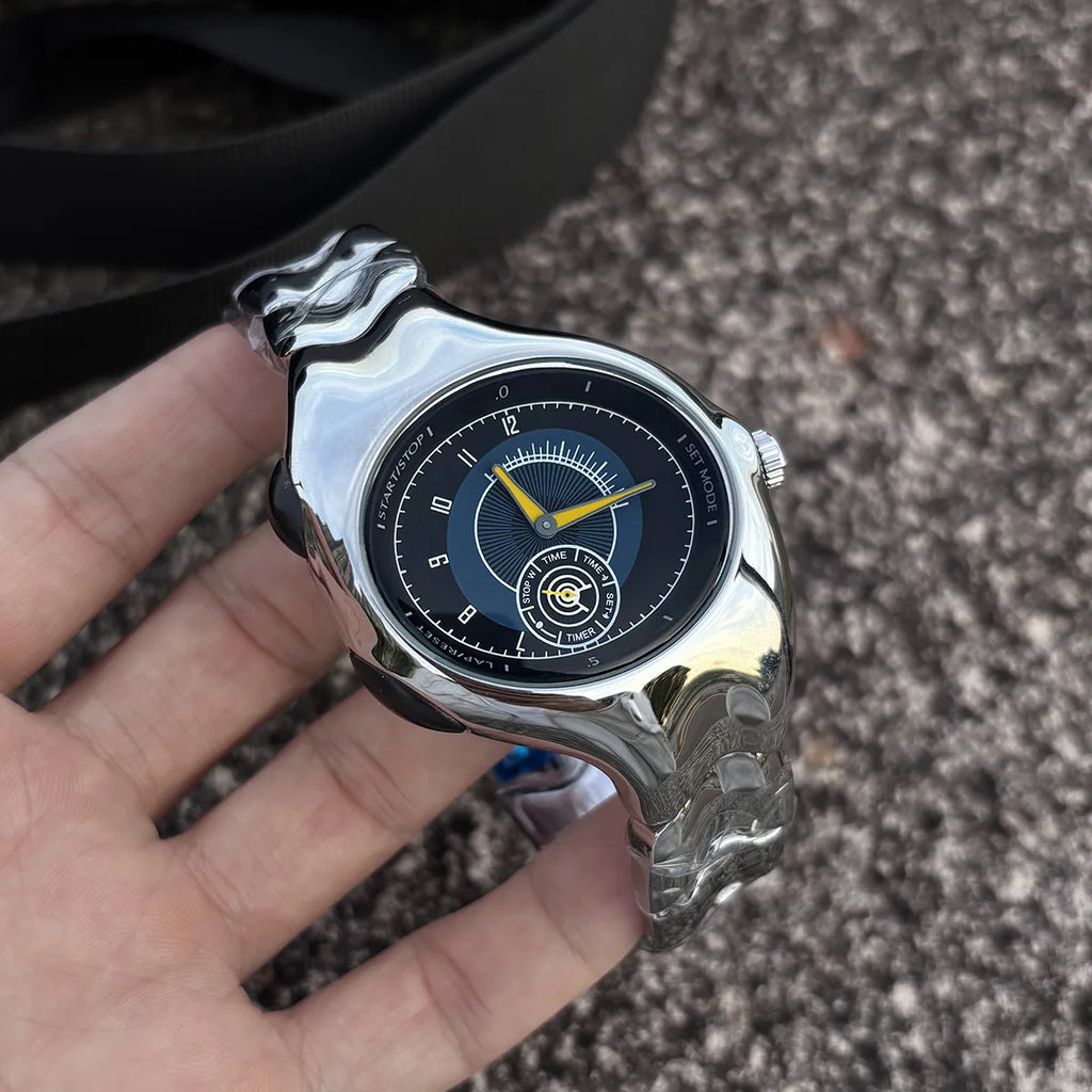 Alien Retro Twisted Case Y2k Quartz Watch Mens Silver Dial Oval Ellipse Special Fashion Unique Design Steel Men Watch AAA Clock