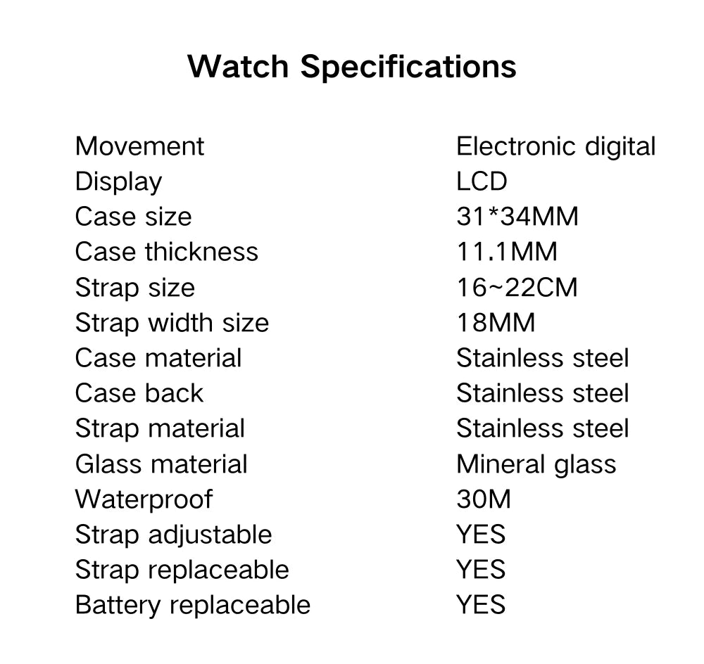 Watch specifications table with various details on a white background