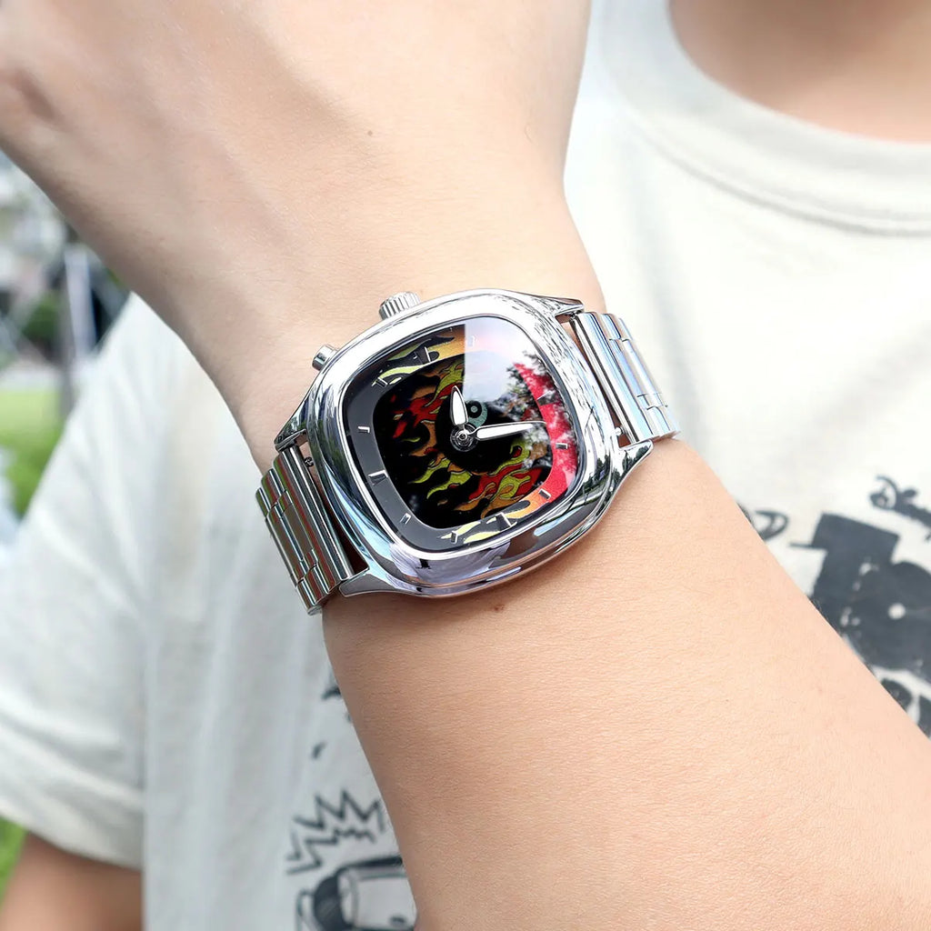 Retro Millennium Watch for Men with Dynamic Flame Dial Unique Creative Quartz Wristwatch with Stainless Steel Strap Square Case