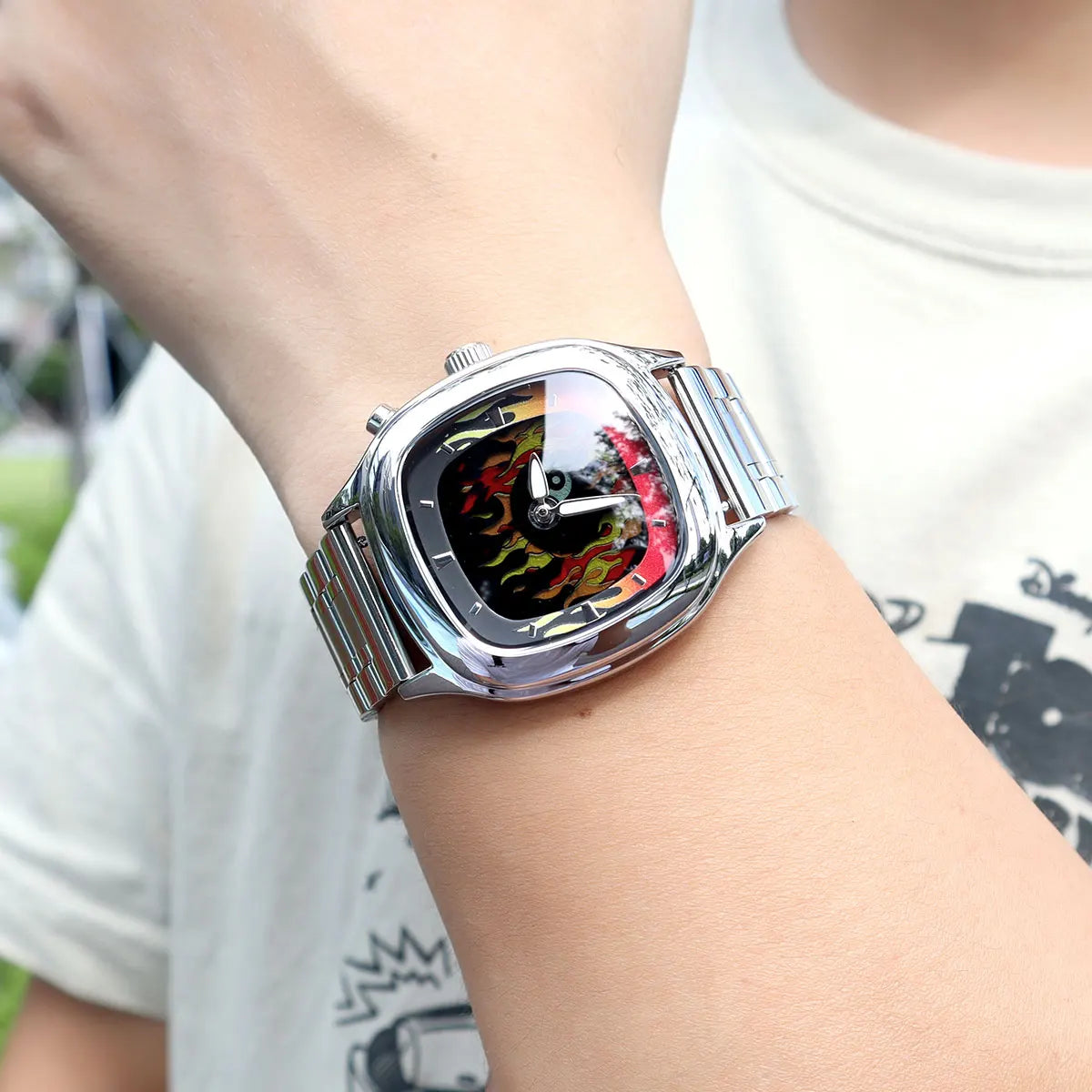 Retro Millennium Watch for Men with Dynamic Flame Dial Unique Creative Quartz Wristwatch with Stainless Steel Strap Square Case